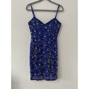 Vintage Niteline dress Della Roufogali Sequin Blue Gold Prom Beaded SZ 10 Y2K